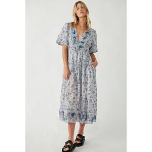 Free People Lysette Dress Floral Maxi Midi Puff Sleeve Peasant Blue Size XS